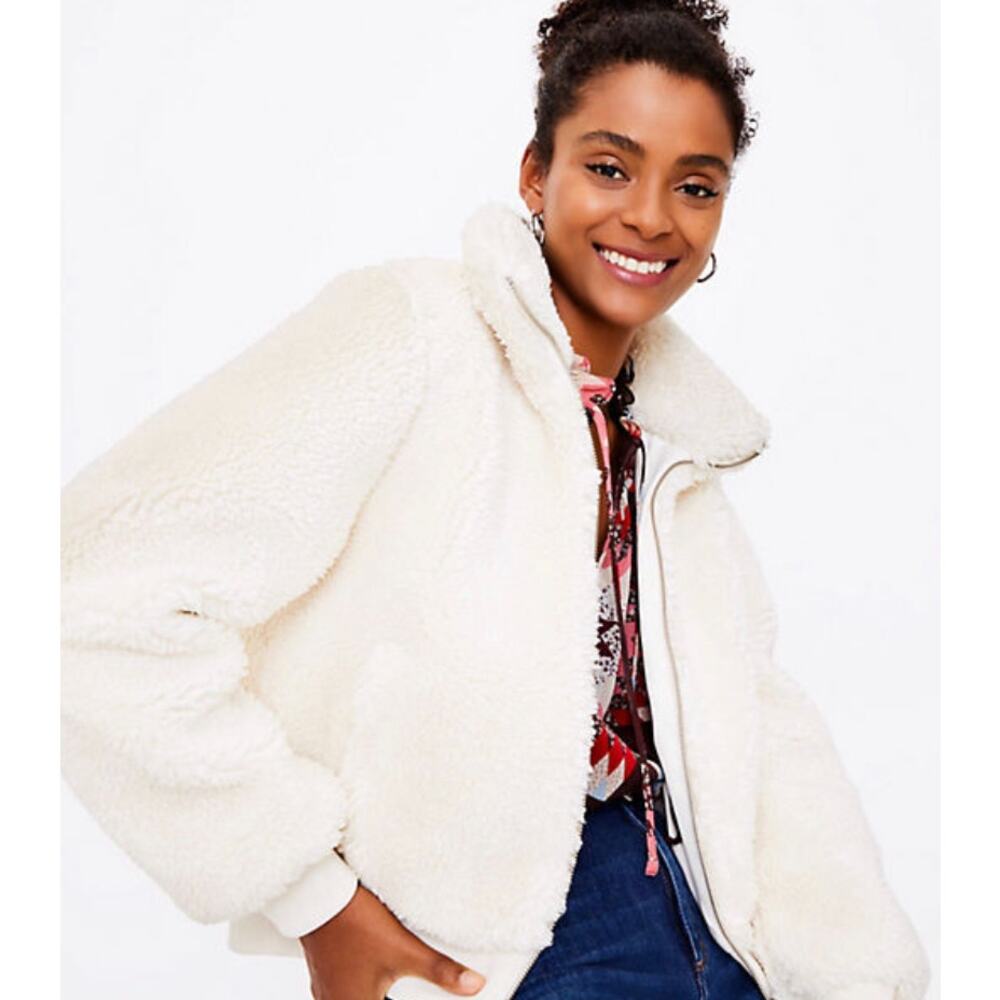 Ann Taylor LOFT Sherpa Teddy Fleece Bomber Jacket Medium Cozy Warm Fuzzy